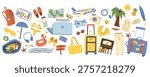 Vacation plane luggage elements for tropical vibe in cartoon flat style. Travel by plane items and beach seaside elements. Summer vacation essentials and accessories for travel planning.
