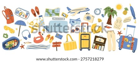 Vacation plane luggage elements for tropical vibe in cartoon flat style. Travel by plane items and beach seaside elements. Summer vacation essentials and accessories for travel planning.