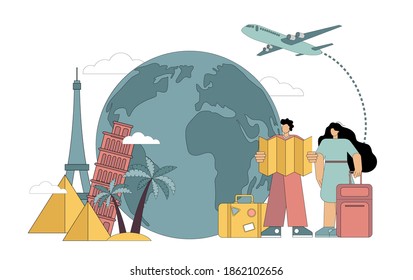 Vacation planning concept, travel, tourism. People with a map and suitcases choose a direction. Vector illustration isolated on white background.