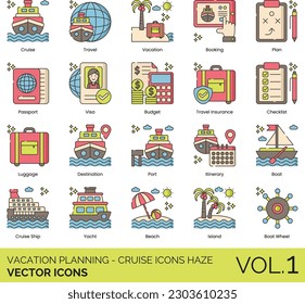 Vacation Planning - Cruise Icons including Accommodation, Airline Ticket, Backpack, Bar, Bicycle, Booking, Budget Travel, Budget, Check In, Check Out, City Guide, City, Couple, Covid Restrictions