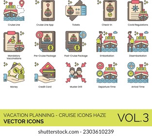 Vacation Planning - Cruise Icons including Accommodation, Airline Ticket, Backpack, Bar, Bicycle, Booking, Budget Travel, Budget, Check In, Check Out, City Guide, City, Couple, Covid Restrictions