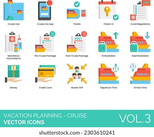 Vacation Planning - Cruise Icons including Accommodation, Airline Ticket, Backpack, Bar, Bicycle, Booking, Budget Travel, Budget, Check In, Check Out, City Guide, City, Couple, Covid Restrictions