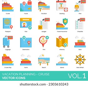 Vacation Planning - Cruise Icons including Accommodation, Airline Ticket, Backpack, Bar, Bicycle, Booking, Budget Travel, Budget, Check In, Check Out, City Guide, City, Couple, Covid Restrictions