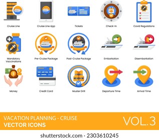 Vacation Planning - Cruise Icons including Anchor, Arrival Time, Beach, Boat Captain, Boat Wheel, Boat, Booking, Budget, Cabin, Check In, Checklist, Compass, Covid Regulations, Credit Card, Cruise