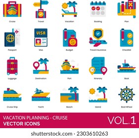 Vacation Planning - Cruise Icons including Anchor, Arrival Time, Beach, Boat Captain, Boat Wheel, Boat, Booking, Budget, Cabin, Check In, Checklist, Compass, Covid Regulations, Credit Card, Cruise