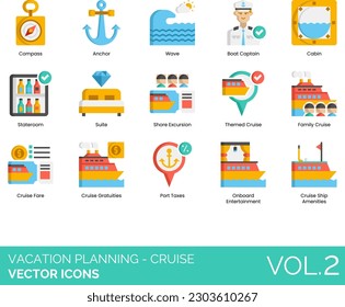 Vacation Planning - Cruise Icons including Accommodation, Airline Ticket, Backpack, Bar, Bicycle, Booking, Budget Travel, Budget, Check In, Check Out, City Guide, City, Couple, Covid Restrictions