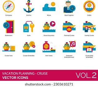 Vacation Planning - Cruise Icons including Anchor, Arrival Time, Beach, Boat Captain, Boat Wheel, Boat, Booking, Budget, Cabin, Check In, Checklist, Compass, Covid Regulations, Credit Card, Cruise