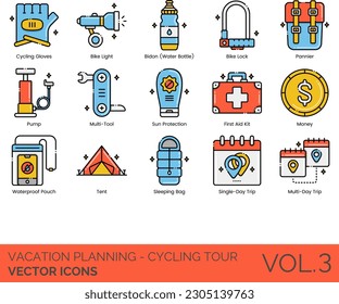 Vacation Planning - Cycling Tour Icons including Accident, Accommodation, Bicycle, Bidon, Hire, Light, Lock, Rack, Service, Shoes, Budget, Checklist, Cycle Tour, Cycling 