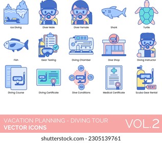 Vacation Planning - Diving Tour Icons including Accommodation, Boat, Budget, Cave, Checklist, Coral Reef, Deep Diving, Dive Conditions, Dive Resort, Plan, Reservation, Scuba Diving, Scuba Flag, Scuba
