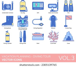 Vacation Planning - Diving Tour Icons including Accommodation, Boat, Budget, Cave, Checklist, Coral Reef, Deep Diving, Dive Conditions, Dive Resort, Plan, Reservation, Scuba Diving, Scuba Flag, Scuba
