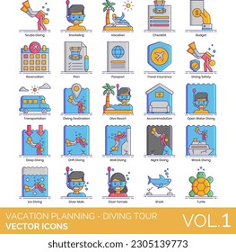 Vacation Planning - Diving Tour Icons Including snorkel, hawaii, sea pool, thailand, beach vacation, have fun, recreational sports, adventure camp, recreation, family holiday, caribbean tour, outdoor