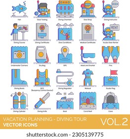 Vacation Planning - Diving Tour Icons Including snorkel, hawaii, sea pool, thailand, beach vacation, have fun, recreational sports, adventure camp, recreation, family holiday, caribbean tour, outdoor