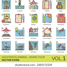 Vacation Planning - Diving Tour Icons including Boat, Budget, Cave, Checklist, Coral Reef, Deep Diving, Dive Conditions, Dive Resort, Dive Shop, Diver , Diving Boots, Certificate, Chamber, Diving