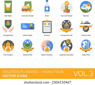 Vacation Planning - Family Trip Icons including Vacation, Tickets, Amusement, Spray, Camping, Car, Checklist, Children, City Vacation, Daughter, Destination, Excursion, Family Cruise, Family Resort