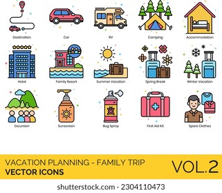 Vacation Planning - Family Trip Icons including Accommodation, Adventure Vacation, Airline, Food and Snacks, Health Insurance, Hotel, Itinerary, Luggage, Mother, National Park, Parents, Passport, Plan