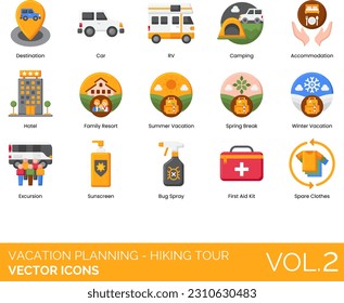 Vacation Planning - Family Trip Icons including Vacation, Tickets, Amusement, Spray, Camping, Car, Checklist, Children, City Vacation, Daughter, Destination, Excursion, Family Cruise, Family Resort