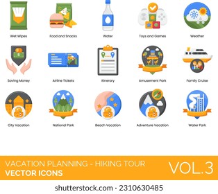 Vacation Planning - Family Trip Icons including Vacation, Tickets, Amusement, Spray, Camping, Car, Checklist, Children, City Vacation, Daughter, Destination, Excursion, Family Cruise, Family Resort