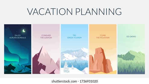 Vacation Planning Flat Color Vector Informational Infographic Template. Holiday On Nature Poster, Booklet, PPT Page Concept Design With Cartoon Landscapes. Advertising Flyer, Leaflet, Info Banner Idea