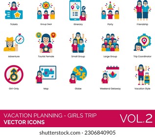 Vacation Planning - Girls Trip Icons including Accommodation, Adventure, Airplane, Alone Time, Bachelor Party, Birthday Trip, Boat, Booking, Brewery Tour, Budget, Bus, Camping, Car, Checklist