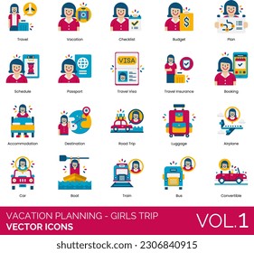 Vacation Planning - Girls Trip Icons including Accommodation, Adventure, Airplane, Alone Time, Bachelor Party, Birthday Trip, Boat, Booking, Brewery Tour, Budget, Bus, Camping, Car, Checklist