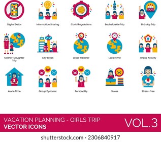 Vacation Planning - Girls Trip Icons including Accommodation, Adventure, Airplane, Alone Time, Bachelor Party, Birthday Trip, Boat, Booking, Brewery Tour, Budget, Bus, Camping, Car, Checklist