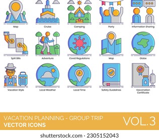 Vacation Planning - Group Trip Icons including Accommodation, Adventure, Airplane, Alone Time, Bachelor Party, Birthday Trip, Boat, Booking, Boys Only, Brewery Tour, Budget, Bus, Camping, Car