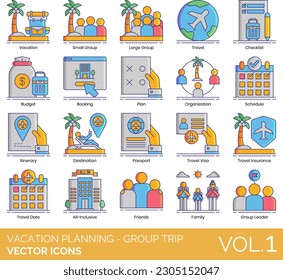 Vacation Planning - Group Trip Icons including Accommodation, Adventure, Airplane, Alone Time, Bachelor Party, Birthday Trip, Boat, Booking, Boys Only, Brewery Tour, Budget, Bus, Camping, Car