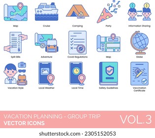 Vacation Planning - Group Trip Icons including Accommodation, Adventure, All Inclusive, Alone Time, Book In Advance, Booking, Budget, Camping, Checklist, Covid Regulations, Cruise, Destination, Dining
