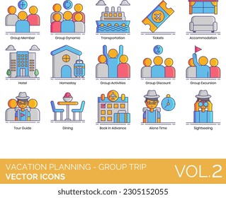 Vacation Planning - Group Trip Icons including Accommodation, Adventure, Airplane, Alone Time, Bachelor Party, Birthday Trip, Boat, Booking, Boys Only, Brewery Tour, Budget, Bus, Camping, Car