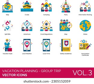 Vacation Planning - Group Trip Icons including Accommodation, Adventure, Inclusive, Alone Time, Book In Advance, Booking, Budget, Camping, Checklist, Covid Regulations, Cruise, Friends, Globe, Group