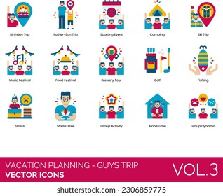 Vacation Planning - Guys Trip Icons including Accommodation, Airplane, Bachelor Party, Birthday, Boat, Booking, Boys Only, Brewery Tour, Budget, Bus, Camping, Car, Checklist, Convertible, Destination