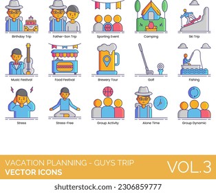 Vacation Planning - Guys Trip Icons including Accommodation, Adventure, Airplane, Alone Time, Bachelor Party, Birthday Trip, Boat, Booking, Boys Only Brewery Tour, Budget, Bus, Camping, Car, Checklist