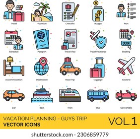 Vacation Planning - Guys Trip Icons including Accommodation, Adventure, Airplane, Alone Time, Bachelor Party, Birthday Trip, Boat, Booking, Boys Only,  Brewery Tour, Budget, Bus, Camping, Car