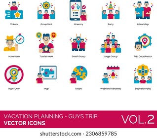 Vacation Planning - Guys Trip Icons including Accommodation, Airplane, Bachelor Party, Birthday, Boat, Booking, Boys Only, Brewery Tour, Budget, Bus, Camping, Car, Checklist, Convertible, Destination