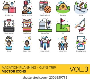 Vacation Planning - Guys Trip Icons including Accommodation, Adventure, Airplane, Alone Time, Bachelor Party, Birthday Trip, Boat, Booking, Boys Only,  Brewery Tour, Budget, Bus, Camping, Car