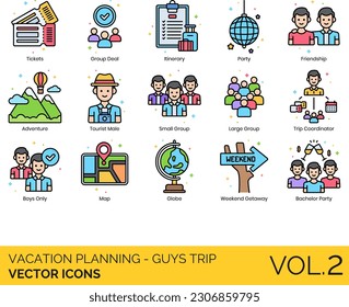 Vacation Planning - Guys Trip Icons including Accommodation, Adventure, Airplane, Alone Time, Bachelor Party, Birthday Trip, Boat, Booking, Boys Only,  Brewery Tour, Budget, Bus, Camping, Car