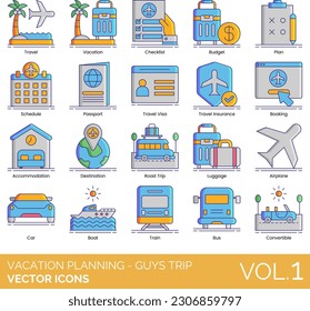 Vacation Planning - Guys Trip Icons including Accommodation, Adventure, Airplane, Alone Time, Bachelor Party, Birthday Trip, Boat, Booking, Boys Only Brewery Tour, Budget, Bus, Camping, Car, Checklist