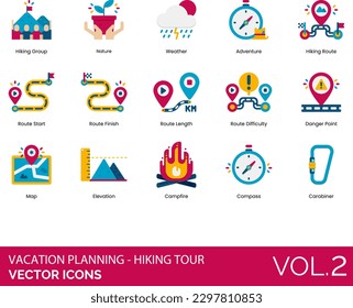Vacation Planning - Hiking Tour Icons including Accommodation, Adventure, Alternative Route, Backpacking, Budget, Campfire, Camping, Carabiner, Checklist, Compass, Danger Point, Elevation