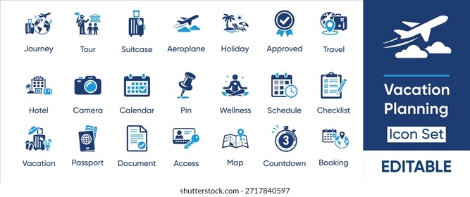 Conjunto de iconos de planificación de vacaciones: símbolos integrales de viajes y turismo para reservar viajes, itinerario de Festiva, reserva de hoteles, viaje en avión e iconos de aventuras de verano.