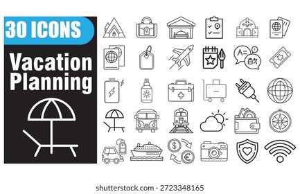 Conjunto de iconos de planificación de vacaciones 30 iconos vectoriales de preparación de viajes y viajes | Itinerario, reserva, equipaje, pasaporte