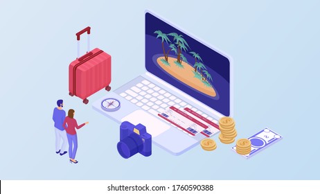 Vacation planning isometric concept. Married couple chooses resort laptop prepared red suitcase with things bought plane tickets calculated money expenses stylish blue camera filming vector events.