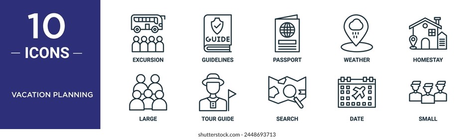 vacation planning outline icon set includes thin line excursion, guidelines, passport, weather, homestay, large, tour guide icons for report, presentation, diagram, web design