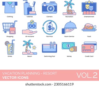 Planificación de Vacaciones - Iconos de Resort incluyendo Alojamiento, Todo Incluido, Playa, Presupuesto, Cabina, Cámara, Check In, Check Out, Lista de Verificación, Ropa, Condominio, Pareja, Destino, Vacaciones de Sueño, Bebida