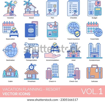 Vacation Planning - Resort Icons including Accommodation, All Inclusive, Beach, Budget, Cabin, Camera, Check In, Check Out, Checklist, Clothing, Condominium, Couple, Destination, Dream Vacation, Drink