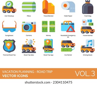 Vacation Planning - Road Trip Icons including Travel, Vacation, Road, Trip, Preparation, Reservation, Road Trip, RV, Saving Money, Son, Spare Clothes, Spring Break, Summer Vacation, Camping, Car