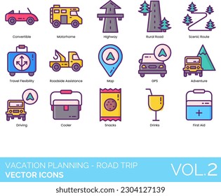 Vacation Planning - Road Trip Icons including Accommodation, Adventure Vacation, Airline Tickets, Amusement Park, Beach Vacation, Budget, Bug Spray, Camping, Car, Checklist, Children, City Vacation