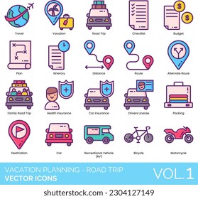 Vacation Planning - Road Trip Icons including Accommodation, Adventure Vacation, Airline Tickets, Amusement Park, Beach Vacation, Budget, Bug Spray, Camping, Car, Checklist, Children, City Vacation