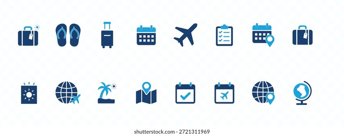 Conjunto de iconos sólidos de planificación de vacaciones y viajes. Contiene símbolos de avión, pasaporte, edificio del hotel y horario de vacaciones. Diseño de Vector plano para App de reservas de viajes y marketing turístico
