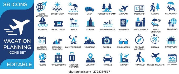 Urlaubsplanung und Reisen solides Icon-Set mit Flugzeug, Pass, Strand, Hotel, Gepäck, Wandern, Camping, Reiseversicherung, Flughafen und Tourismus-Aktivitäten. Saubere flache Vektorsymbole für Reise-Apps, Urlaubsplanung und Tourismus-Services.