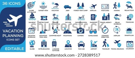 Vacation planning and travel solid icon set featuring airplane, passport, beach, hotel, luggage, hiking, camping, travel insurance, airport, and tourism activities. Clean flat vector icons for travel apps, holiday planning, and tourism services.